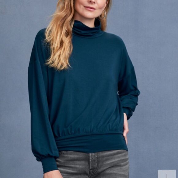 Garnet Hill comfort jersey blouson turtleneck w/ side ruching and bishop sleeves - Picture 1 of 14